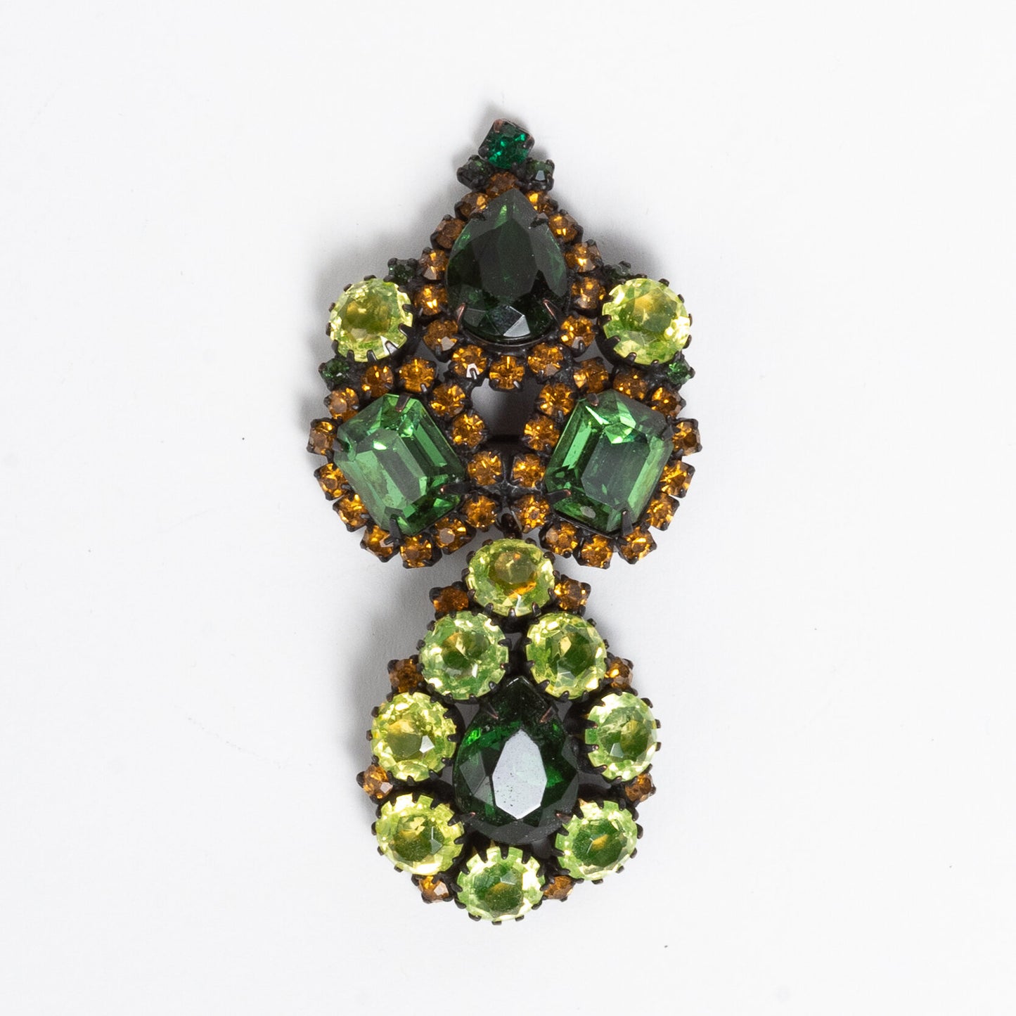 DEEP & RICH EMERALD GREENS and AMBER with AIRY YELLOW HOBE 2 PCE BROOCH PIN with DANGLE KINETIC MOVEMENT JAPANNED BACK SIGNED