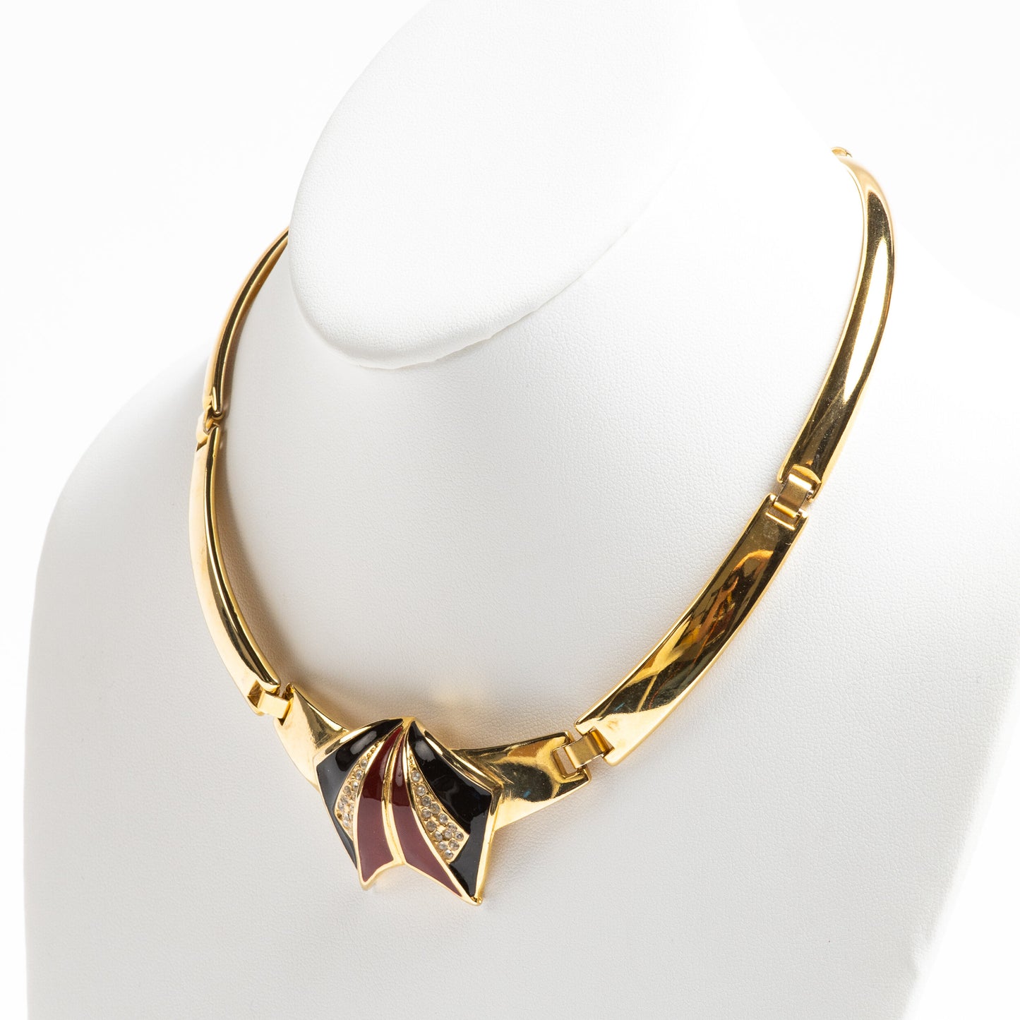 GLAM GOLD TONE 1980's ENAMEL & PAVE RHINESTONE POWER SUIT or DENIM TUXEDO POST MODERN FUN NECKLACE