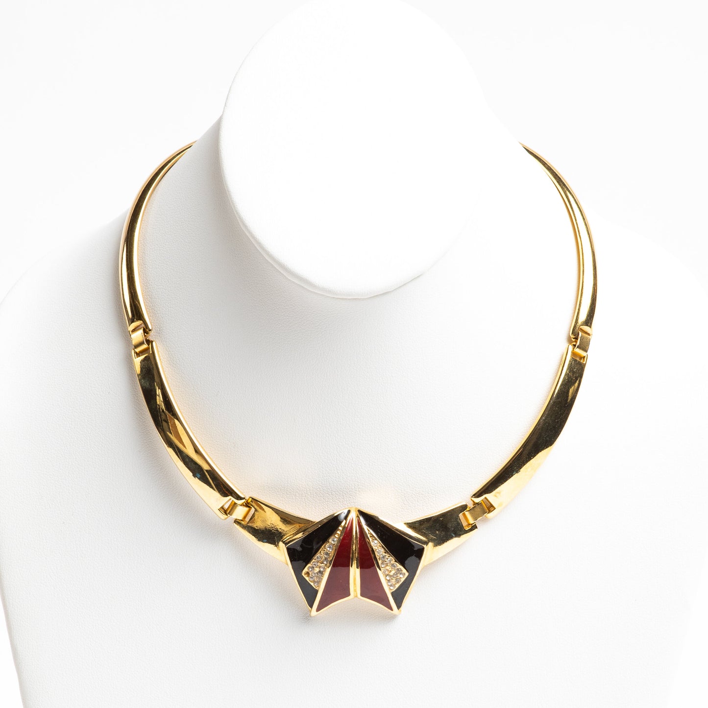 GLAM GOLD TONE 1980's ENAMEL & PAVE RHINESTONE POWER SUIT or DENIM TUXEDO POST MODERN FUN NECKLACE