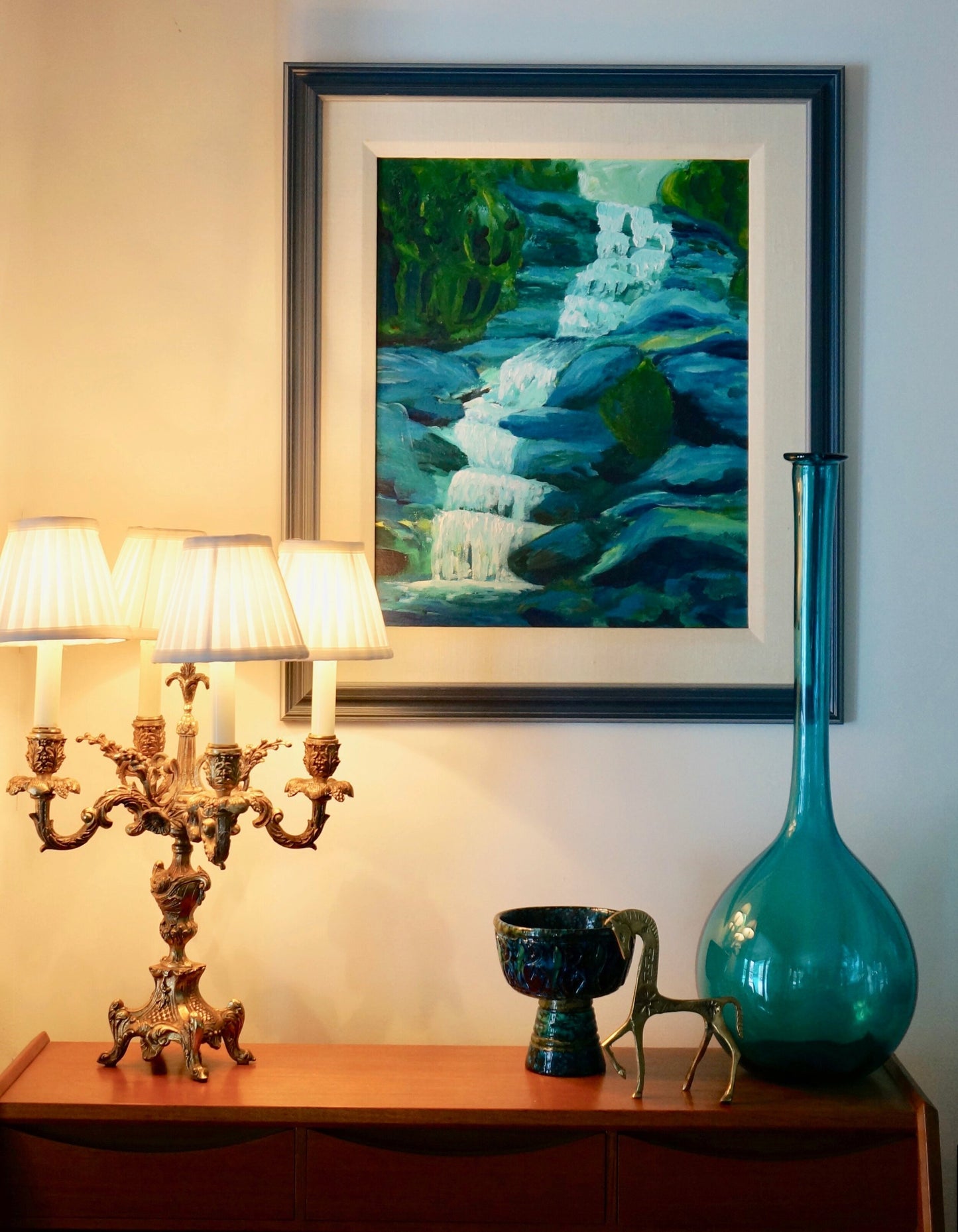 STUNNING COLORS FOREST WATERFALL LANDSCAPE PAINTING FRAMED by K.MASUDA