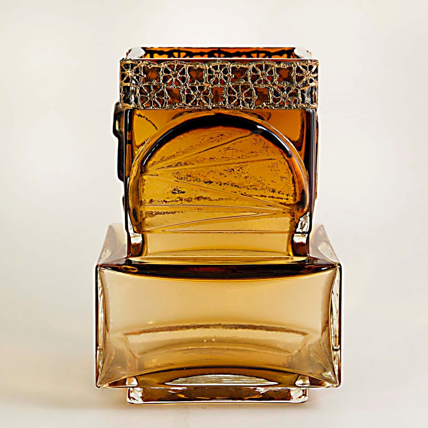 RIIHIMAKI KUMELA AMBER GLASS VASE w/ PENTTI SARPANEVA CAST BRONZE