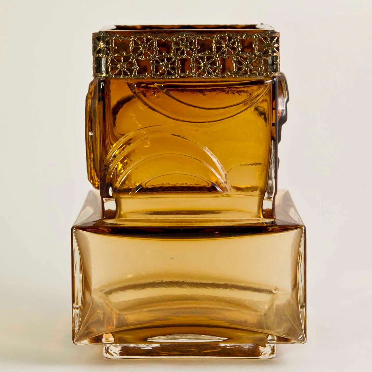 RIIHIMAKI KUMELA AMBER GLASS VASE w/ PENTTI SARPANEVA CAST BRONZE