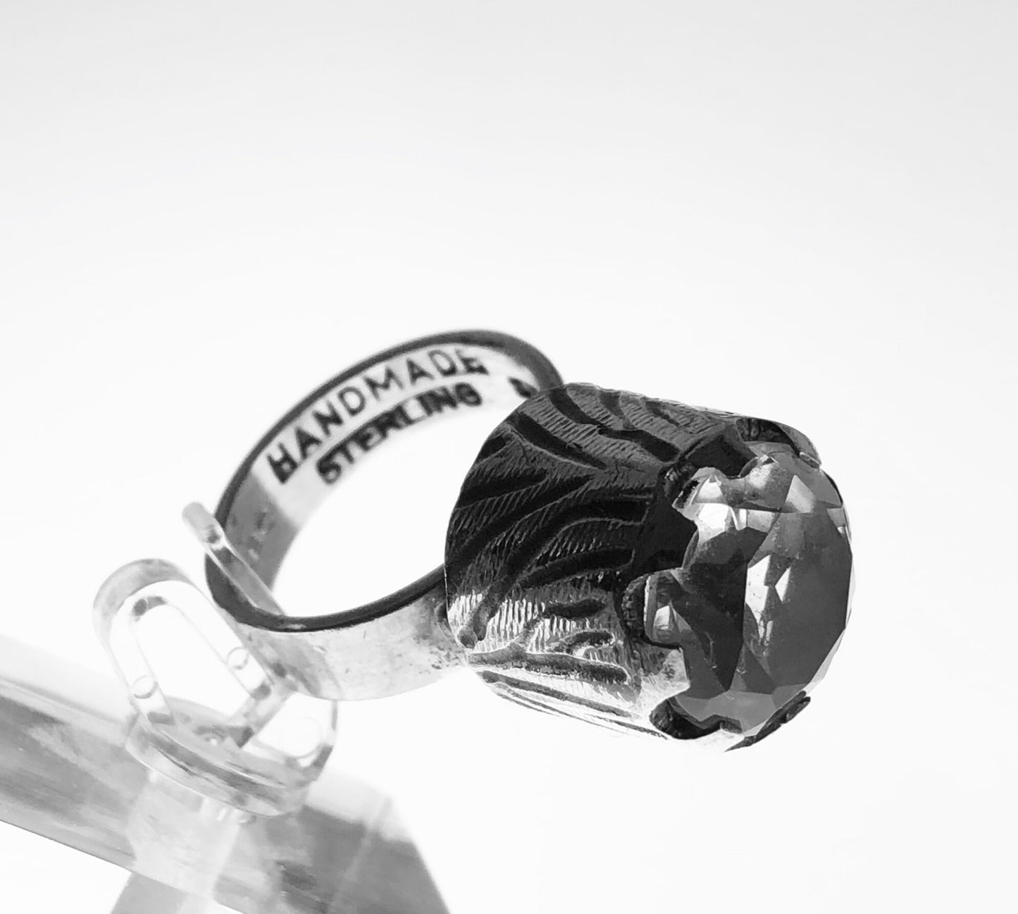 HANDMADE STERLING SILVER & ROCK CRYSTAL MODERNIST RING, SIZE?