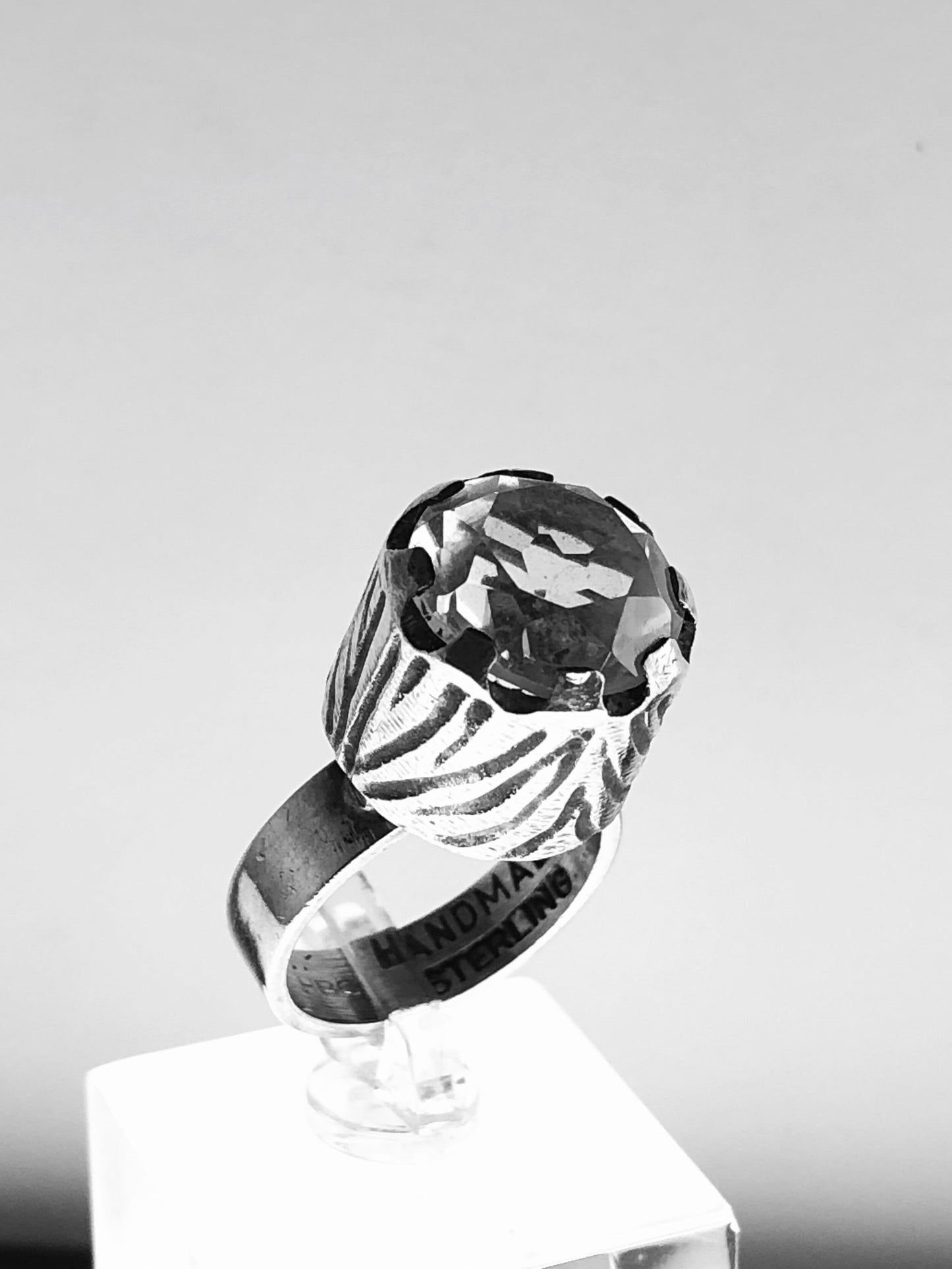 HANDMADE STERLING SILVER & ROCK CRYSTAL MODERNIST RING, SIZE?