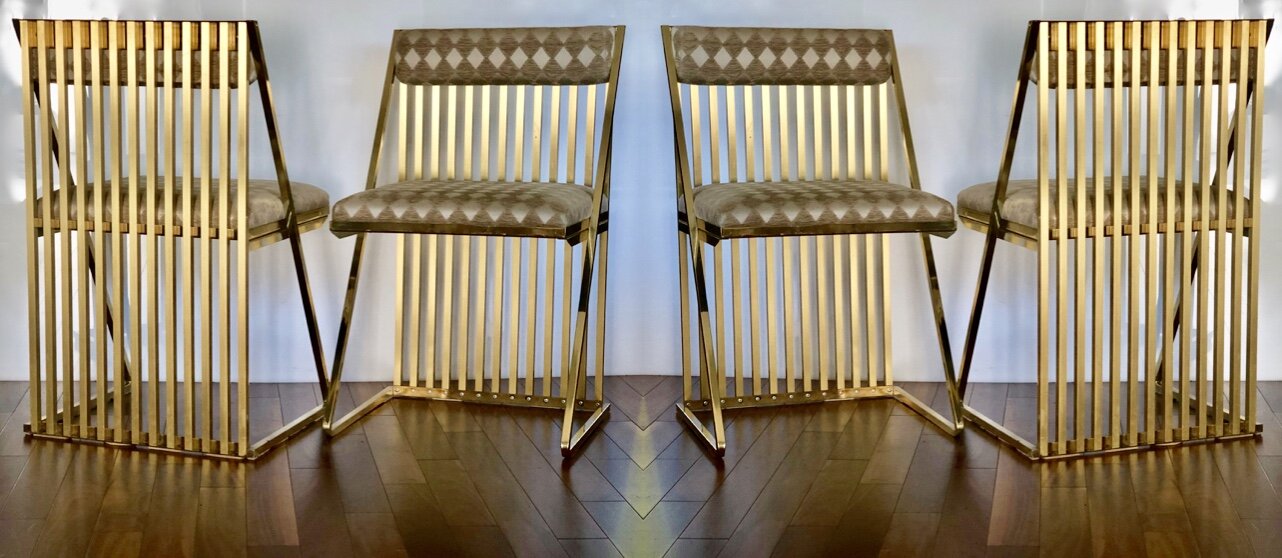 SET OF 4 1970s/1980s SLAT BACK BRASS DINING or OCCASIONAL CHAIRS