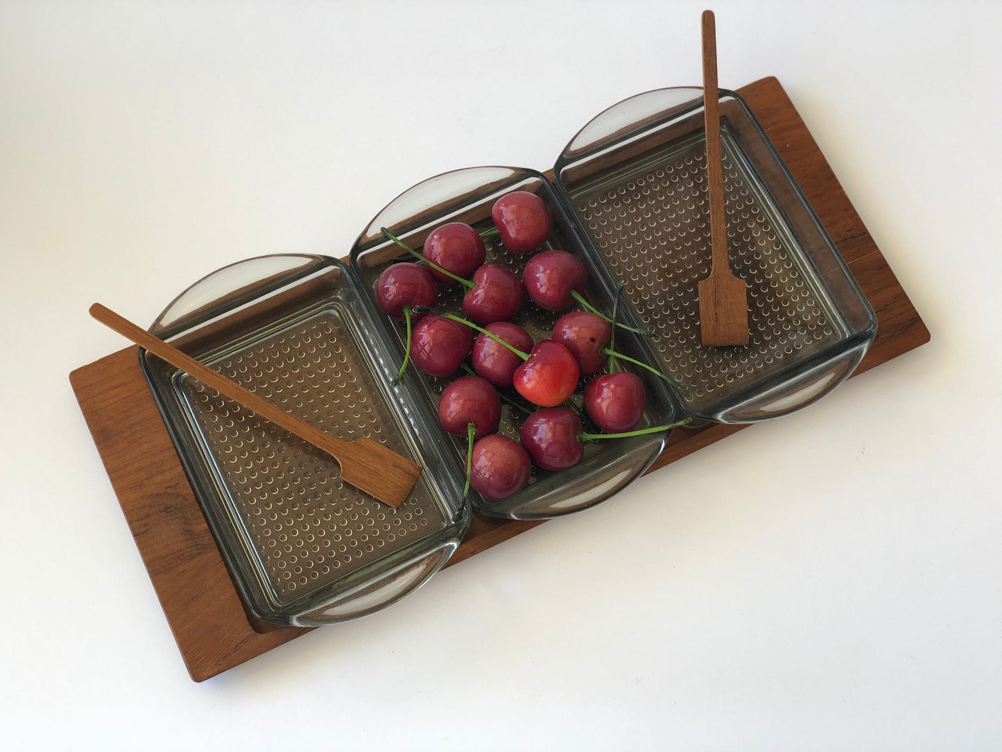 LUTHJE DENMARK SERVING TRAY w/ 3 REMOVEABLE TEXTURED SMOKY GLASS INSERTS