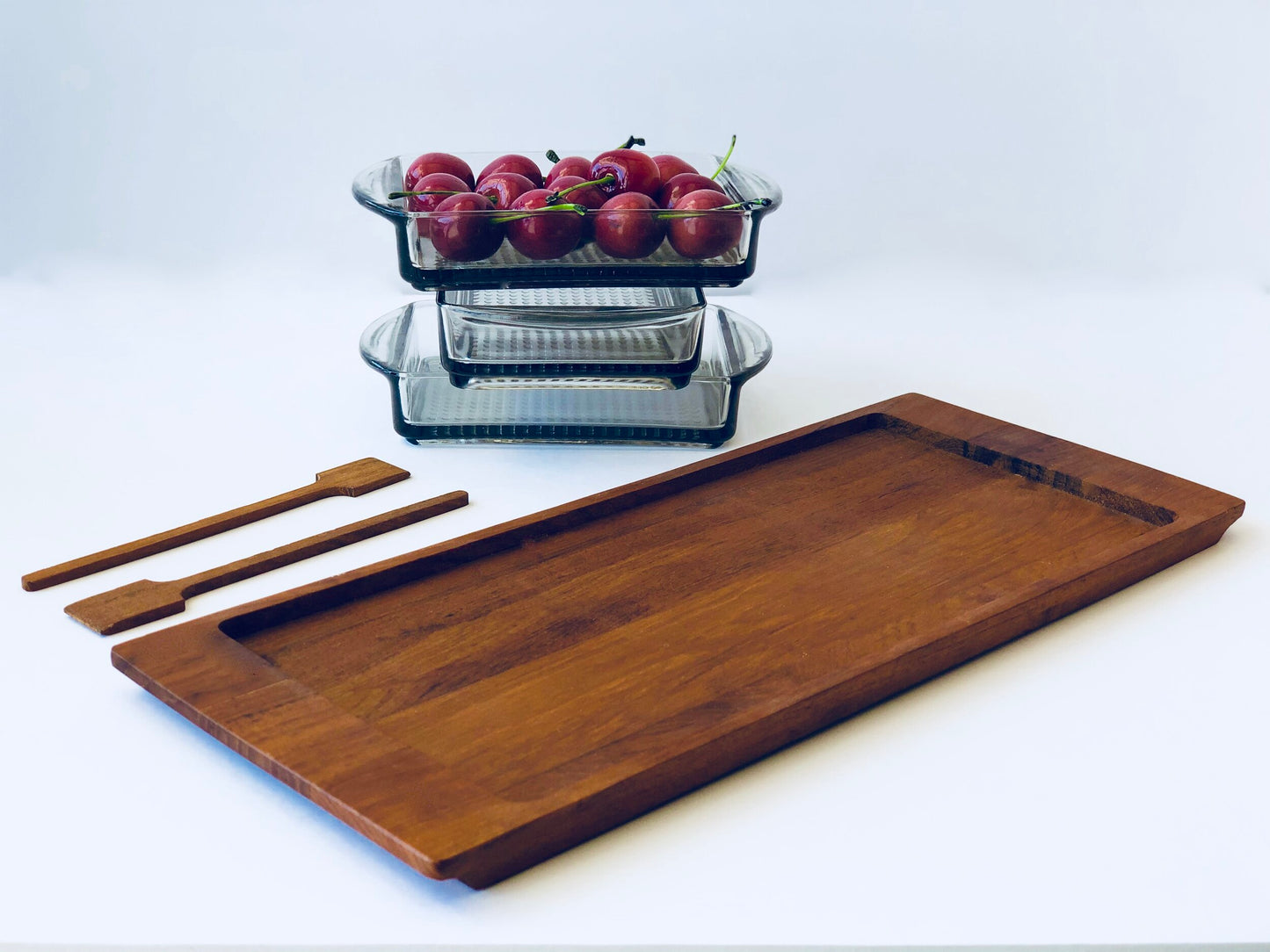 LUTHJE DENMARK SERVING TRAY w/ 3 REMOVEABLE TEXTURED SMOKY GLASS INSERTS