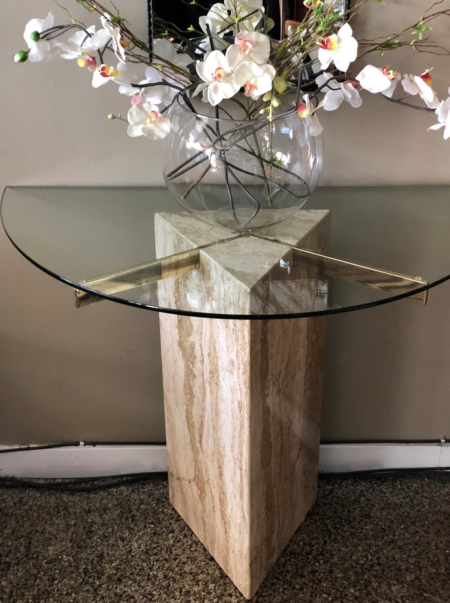 MARBLE, BRASS and GLASS CONSOLE/SOFA or ENTRYWAY TABLE