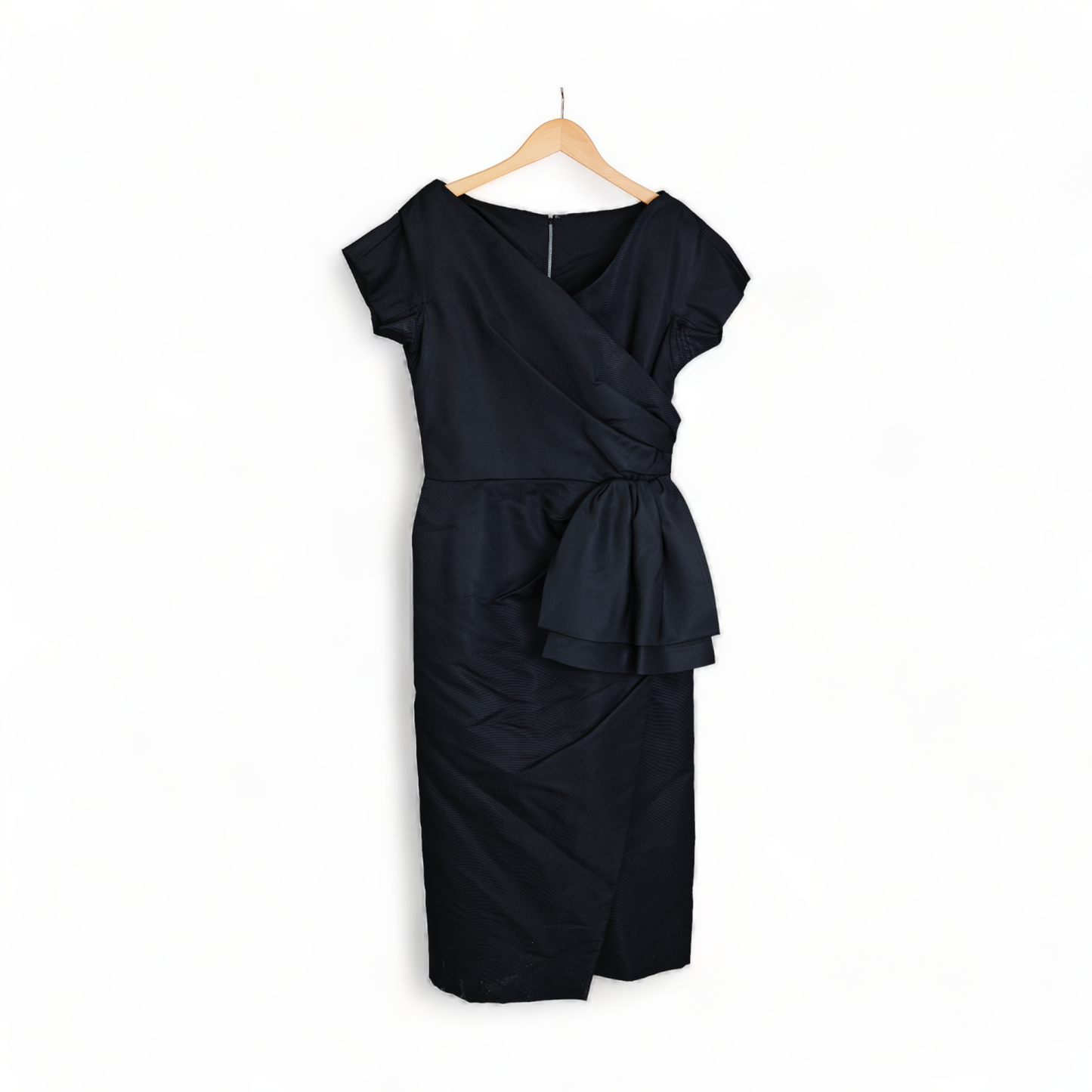 CEIL CHAPMAN TAILORED RUCHED, FITTED DROP SHOULDER BLACK SILK COCKTAIL GOWN DRESS