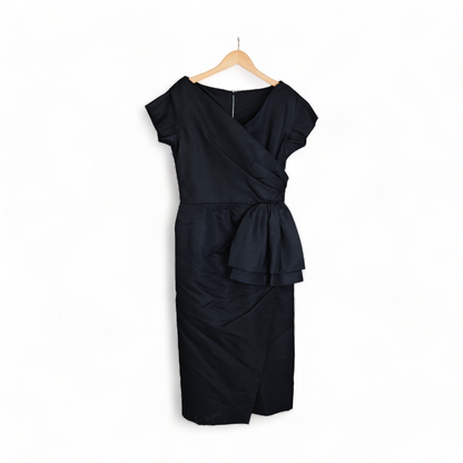 CEIL CHAPMAN TAILORED RUCHED, FITTED DROP SHOULDER BLACK SILK COCKTAIL GOWN DRESS