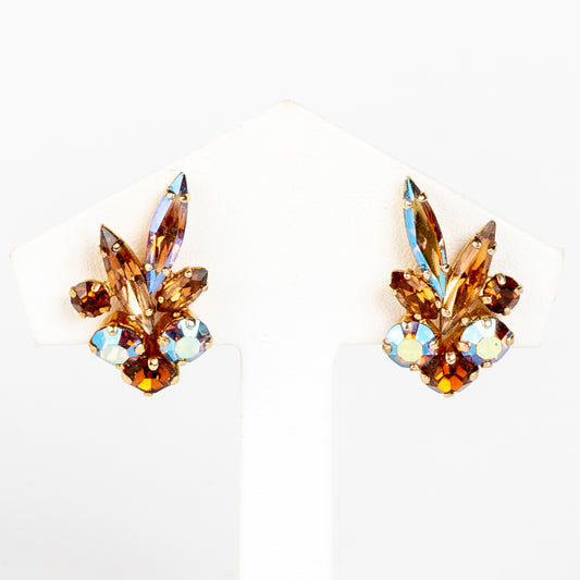 SIGNED SHERMAN AURORA BOREALIS SWAROVSKI CRYSTAL RHINESTONE CLIP BACK EARRINGS