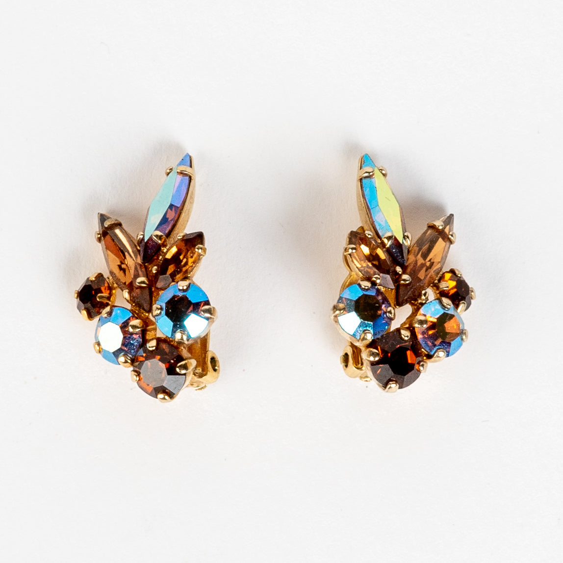 SIGNED SHERMAN AURORA BOREALIS SWAROVSKI CRYSTAL RHINESTONE CLIP BACK EARRINGS