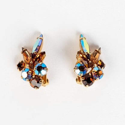 SIGNED SHERMAN AURORA BOREALIS SWAROVSKI CRYSTAL RHINESTONE CLIP BACK EARRINGS
