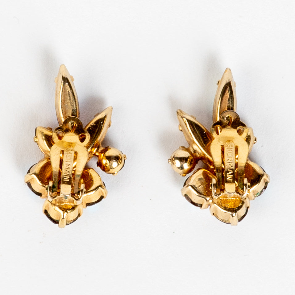 SIGNED SHERMAN AURORA BOREALIS SWAROVSKI CRYSTAL RHINESTONE CLIP BACK EARRINGS