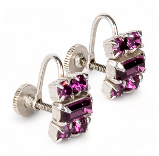 SIGNED SHERMAN AMETHYST COLORED SWAROVSKI CRYSTAL RHINESTONE SCREW BACK EARRINGS