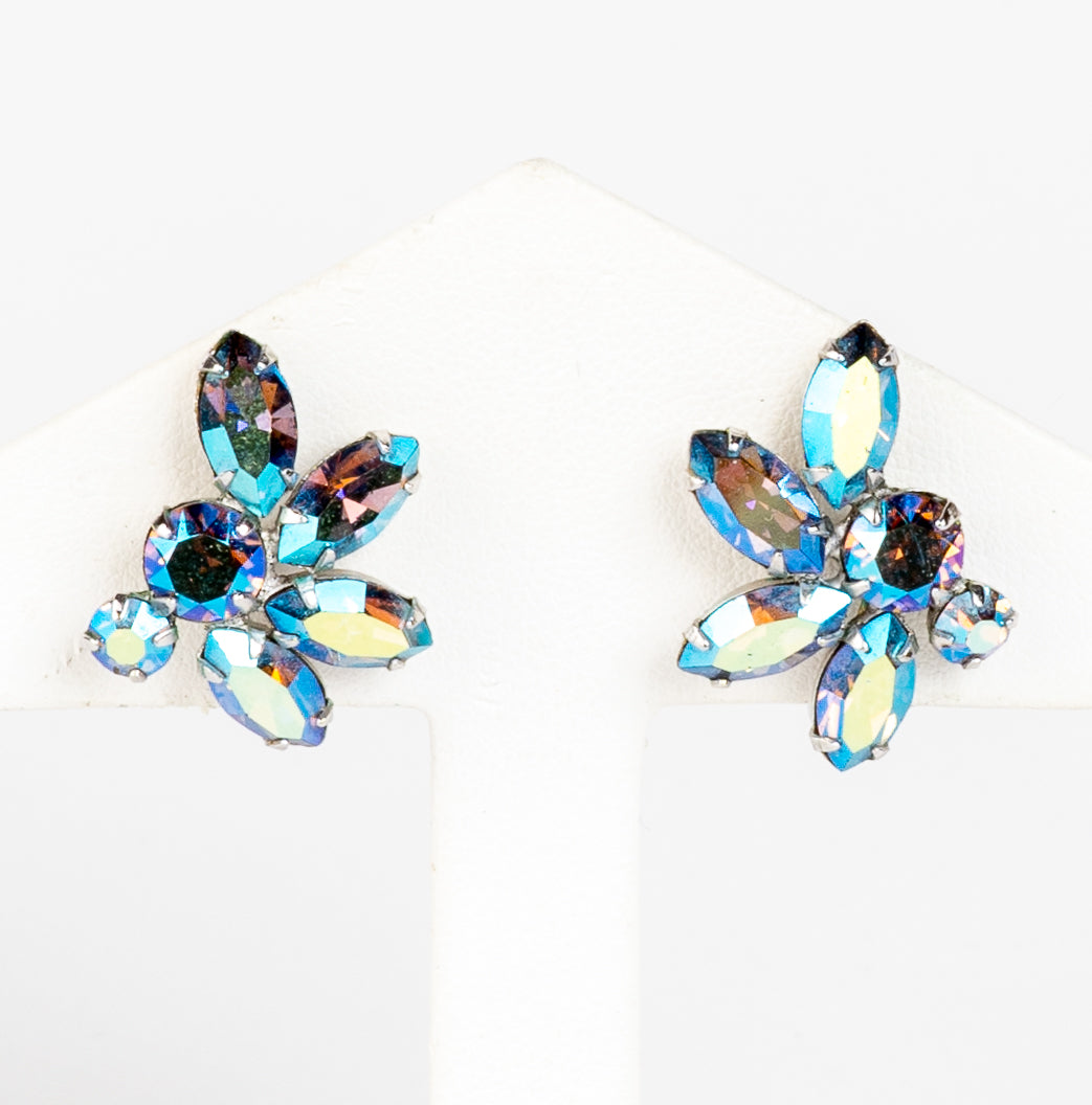 SIGNED SHERMAN BLUE AURORA BOREALIS SWAROVSKI CRYSTAL RHINESTONE SCREW BACK EARRINGS