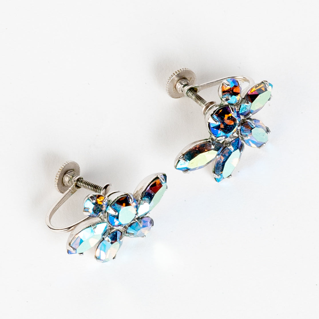 SIGNED SHERMAN BLUE AURORA BOREALIS SWAROVSKI CRYSTAL RHINESTONE SCREW BACK EARRINGS