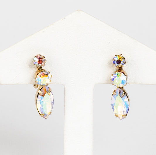 SIGNED SHERMAN AURORA BOREALIS SWAROVSKI CRYSTAL RHINESTONE TEAR DROP SCREW BACK EARRINGS