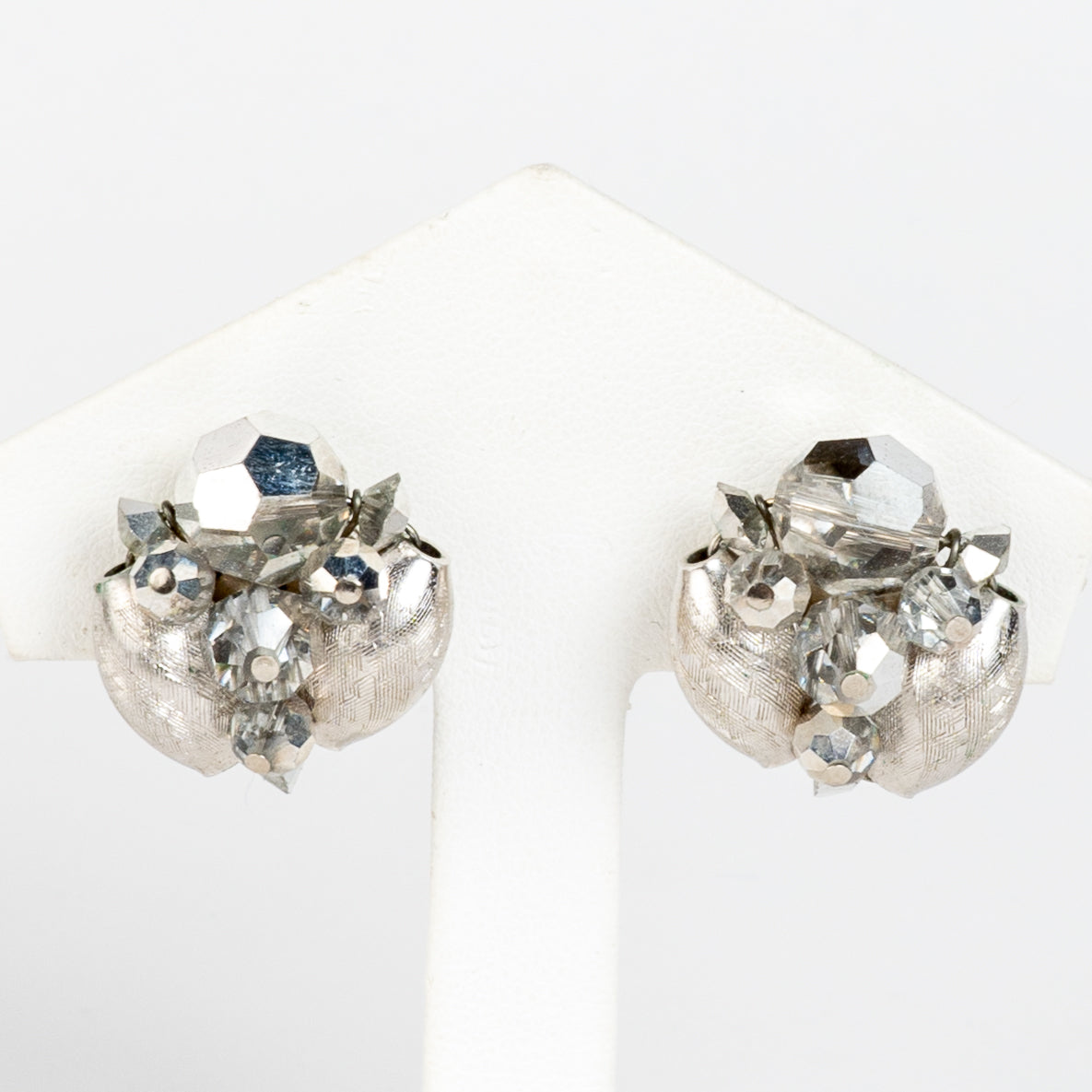 SIGNED SHERMAN CRYSTAL SILVER & GLASS WIRED BEADS /FINDINGS CLIP BACK EARRINGS