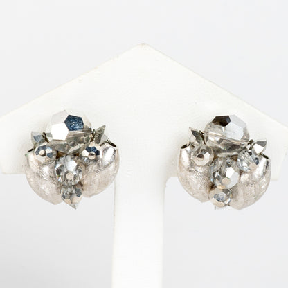 SIGNED SHERMAN CRYSTAL SILVER & GLASS WIRED BEADS /FINDINGS CLIP BACK EARRINGS