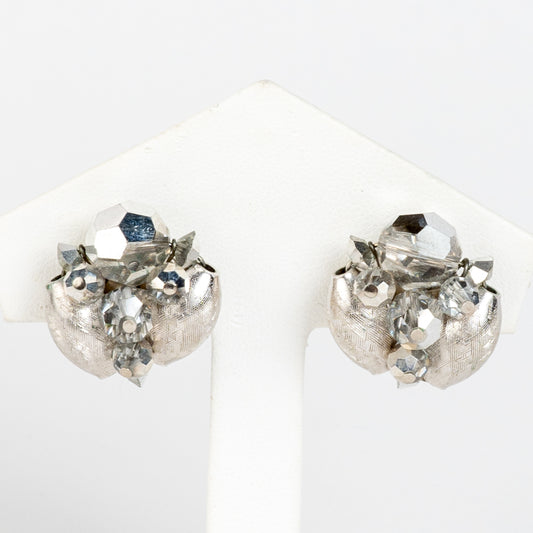 SIGNED SHERMAN CRYSTAL SILVER & GLASS WIRED BEADS /FINDINGS CLIP BACK EARRINGS