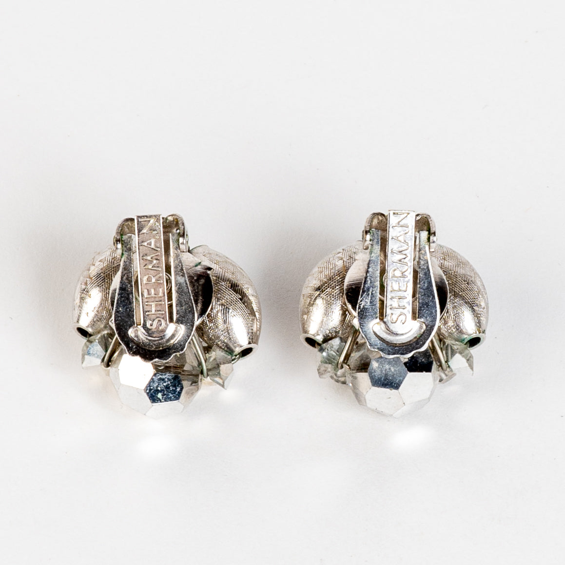 SIGNED SHERMAN CRYSTAL SILVER & GLASS WIRED BEADS /FINDINGS CLIP BACK EARRINGS