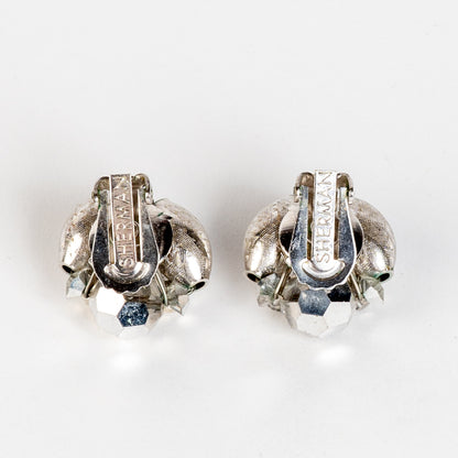 SIGNED SHERMAN CRYSTAL SILVER & GLASS WIRED BEADS /FINDINGS CLIP BACK EARRINGS