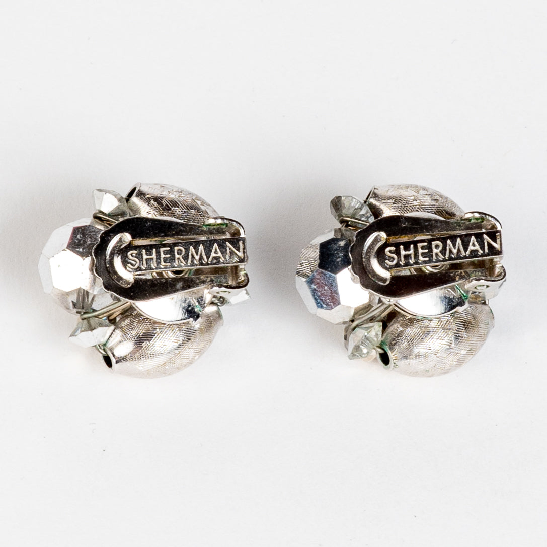 SIGNED SHERMAN CRYSTAL SILVER & GLASS WIRED BEADS /FINDINGS CLIP BACK EARRINGS