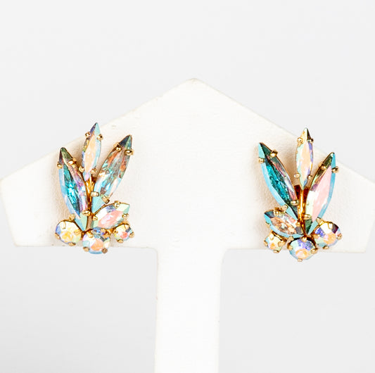 SIGNED SHERMAN AURORA BOREALIS SWAROVSKI CRYSTAL RHINESTONE CLIP BACK EARRINGS