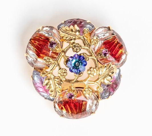 VINTAGE DOMED PRONG SET MULTICOLOR MOLDED GIVRE GLASS/GOLD METAL LEAVES BROOCH