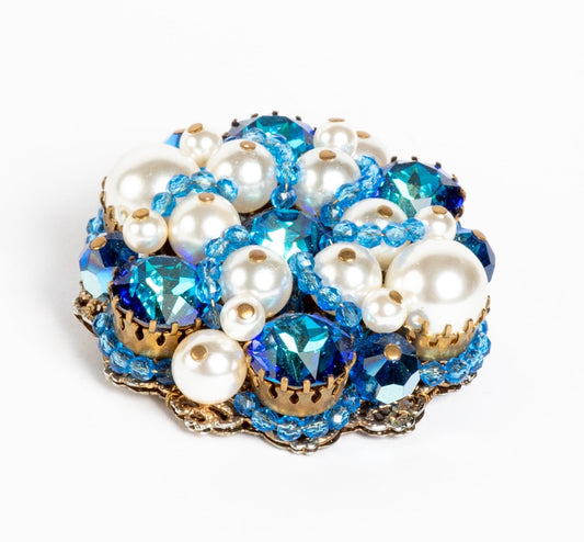 MIRIAM HASKELL STYLE BROOCH WIRED PEARL & GLASS RHINESTONES BRILLIANT BLUE PIN