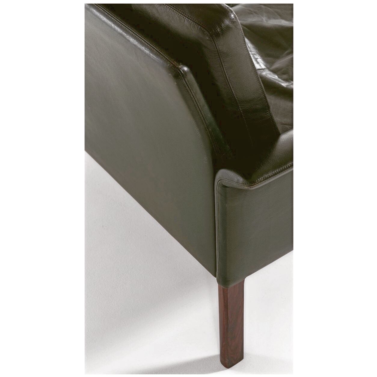 HANS OLSEN BLACK LEATHER DOWN CUSHIONS HIGH BACK LOUNGE CHAIR w/ FOOTSTOOL