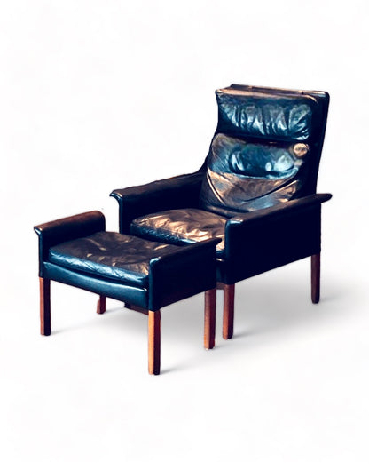 HANS OLSEN BLACK LEATHER DOWN CUSHIONS HIGH BACK LOUNGE CHAIR w/ FOOTSTOOL