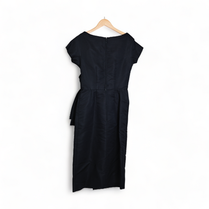 CEIL CHAPMAN TAILORED RUCHED, FITTED DROP SHOULDER BLACK SILK COCKTAIL GOWN DRESS