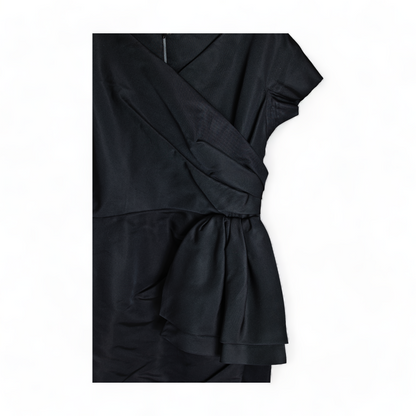 CEIL CHAPMAN TAILORED RUCHED, FITTED DROP SHOULDER BLACK SILK COCKTAIL GOWN DRESS