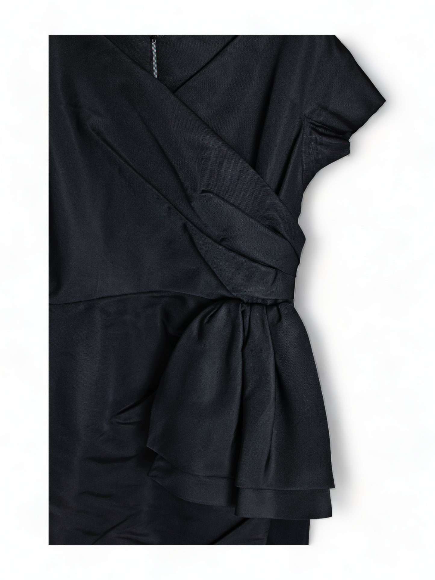CEIL CHAPMAN TAILORED RUCHED, FITTED DROP SHOULDER BLACK SILK COCKTAIL GOWN DRESS