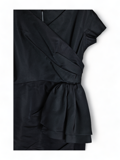 CEIL CHAPMAN TAILORED RUCHED, FITTED DROP SHOULDER BLACK SILK COCKTAIL GOWN DRESS