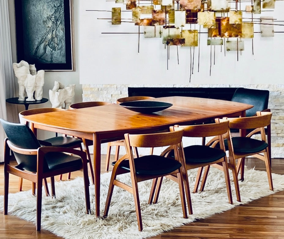 VERY RARE SOLID TEAK SET of 12 DINING CHAIRS by DYRLUND DENMARK PROFESSIONALLY REUPHOLSTERED