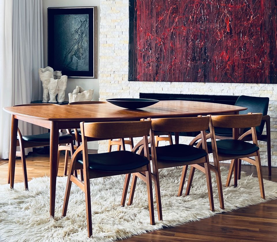 VERY RARE SOLID TEAK SET of 12 DINING CHAIRS by DYRLUND DENMARK PROFESSIONALLY REUPHOLSTERED