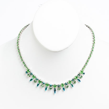 IDENTICAL SIGNED & UNSIGNED SHERMAN CLEAR & GREEN/BLUE SWAROVSKI CRYSTAL RHINESTONE NECKLACES