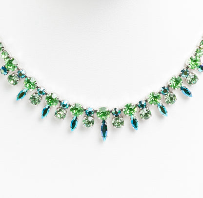 IDENTICAL SIGNED & UNSIGNED SHERMAN CLEAR & GREEN/BLUE SWAROVSKI CRYSTAL RHINESTONE NECKLACES