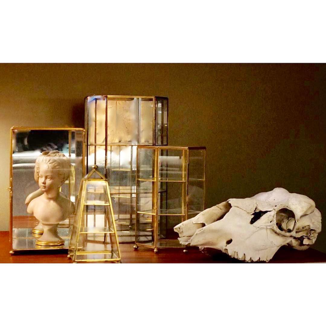 2 DOOR VINTAGE BRASS & GLASS HEXAGONAL CURIO STORAGE CABINET - TABLE TOP