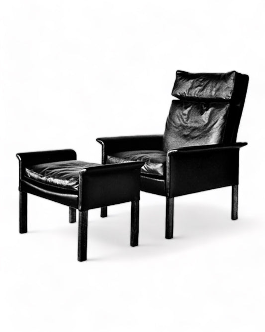 HANS OLSEN BLACK LEATHER DOWN CUSHIONS HIGH BACK LOUNGE CHAIR w/ FOOTSTOOL