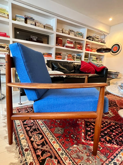 RARE PAIR SOLID TEAK GRETE JALK FOR FRANCE AND SON MODEL 119 PROFESSIONALLY REUPHOLSTERED IN MAHARAM