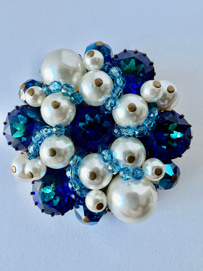 MIRIAM HASKELL STYLE BROOCH WIRED PEARL & GLASS RHINESTONES BRILLIANT BLUE PIN
