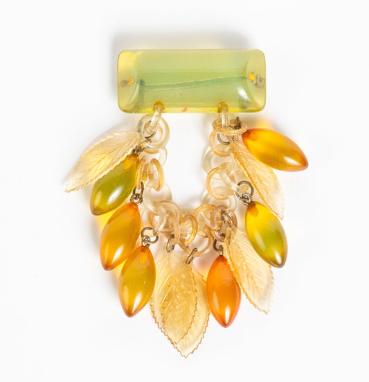 APPLE JUICE PRYSTAL BAKELITE CHATELAINE BROOCH PIN w/ LEAVES & CELLULOID