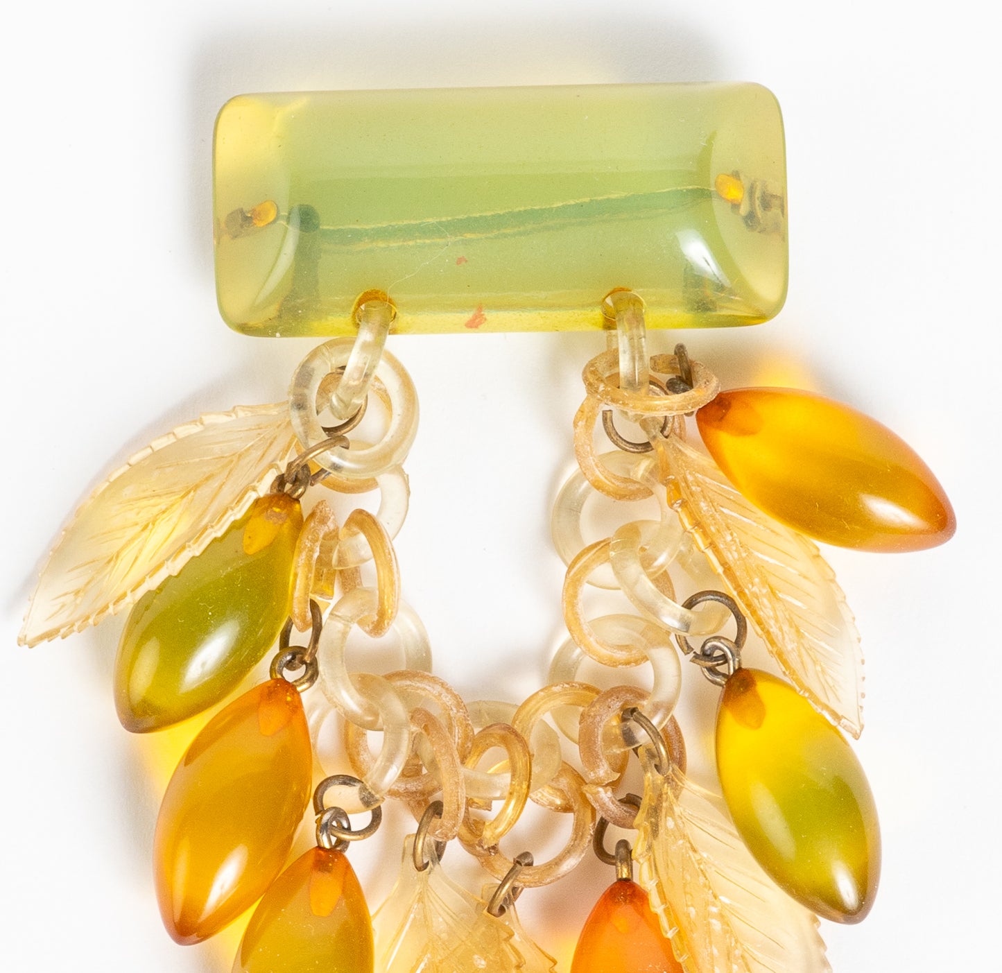 APPLE JUICE PRYSTAL BAKELITE CHATELAINE BROOCH PIN w/ LEAVES & CELLULOID