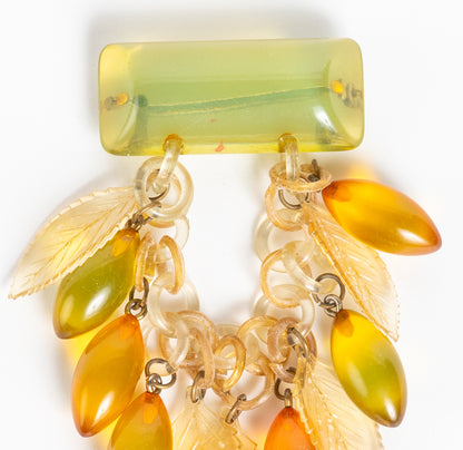 APPLE JUICE PRYSTAL BAKELITE CHATELAINE BROOCH PIN w/ LEAVES & CELLULOID