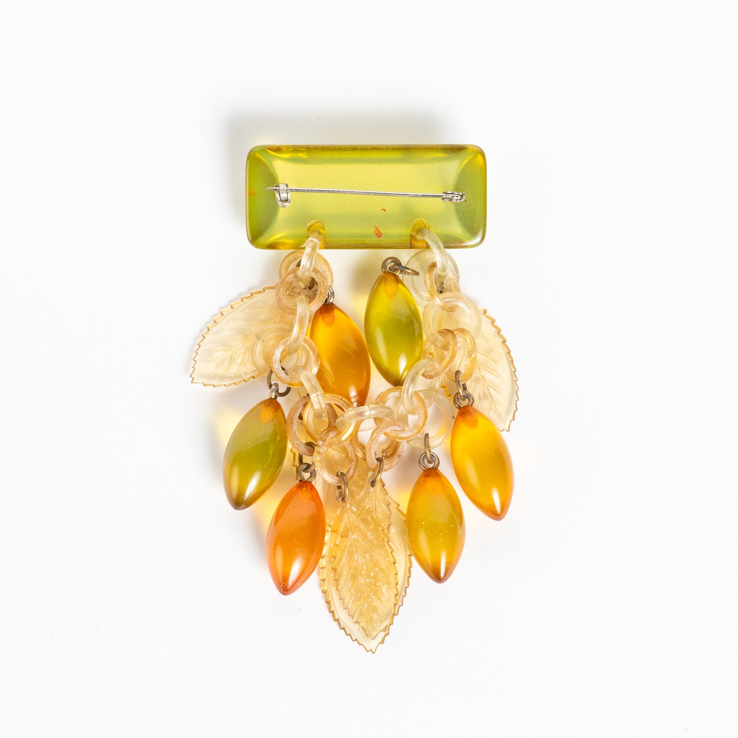 APPLE JUICE PRYSTAL BAKELITE CHATELAINE BROOCH PIN w/ LEAVES & CELLULOID