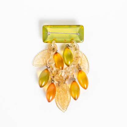 APPLE JUICE PRYSTAL BAKELITE CHATELAINE BROOCH PIN w/ LEAVES & CELLULOID